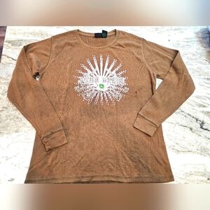 John Deere Women's XL Thermal Graphic Shirt Pink Brown Rhinestone Long Sleeve
